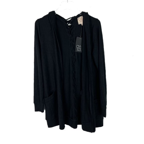 Chaser Sweaters - NWT Chaser Long Sleeve Lace Back Hooded Open Cardigan Black Size Medium M NEW